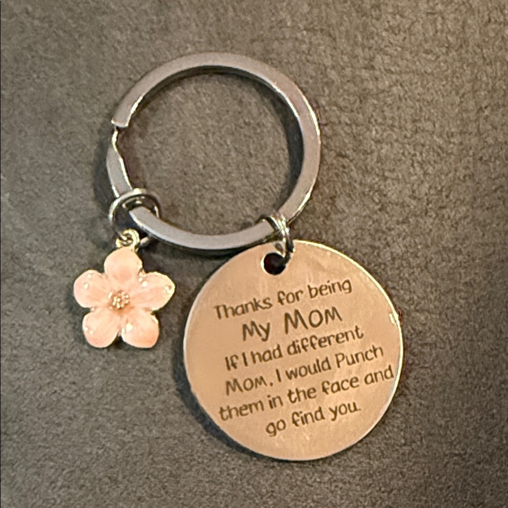 Engraved mom Keychain with Pink Flower Charm